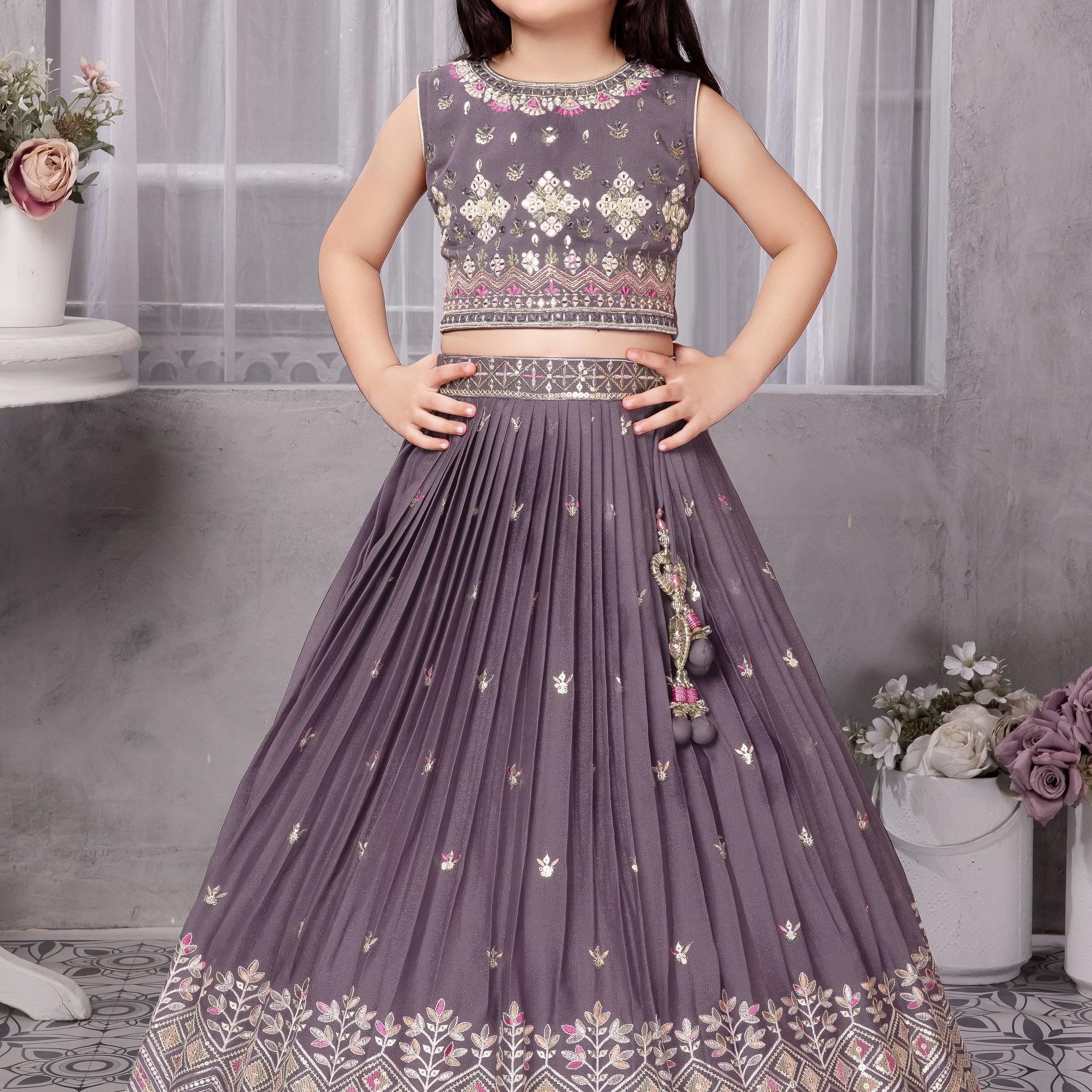Girls Designer Mauve Embroidered Lehenga Choli