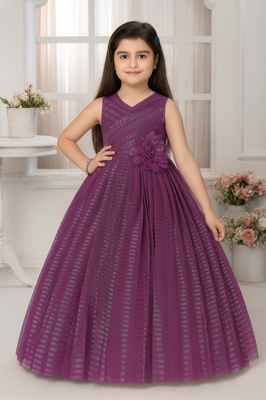Chic Purple Glitter-Striped Sleeveless Gown for Girls with V-Neckline and Floral Waist Applique