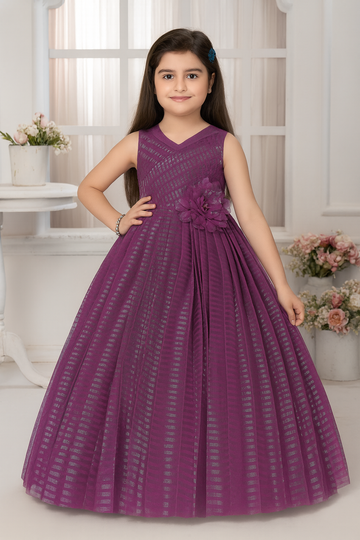 Chic Purple Glitter-Striped Sleeveless Gown for Girls with V-Neckline and Floral Waist Applique