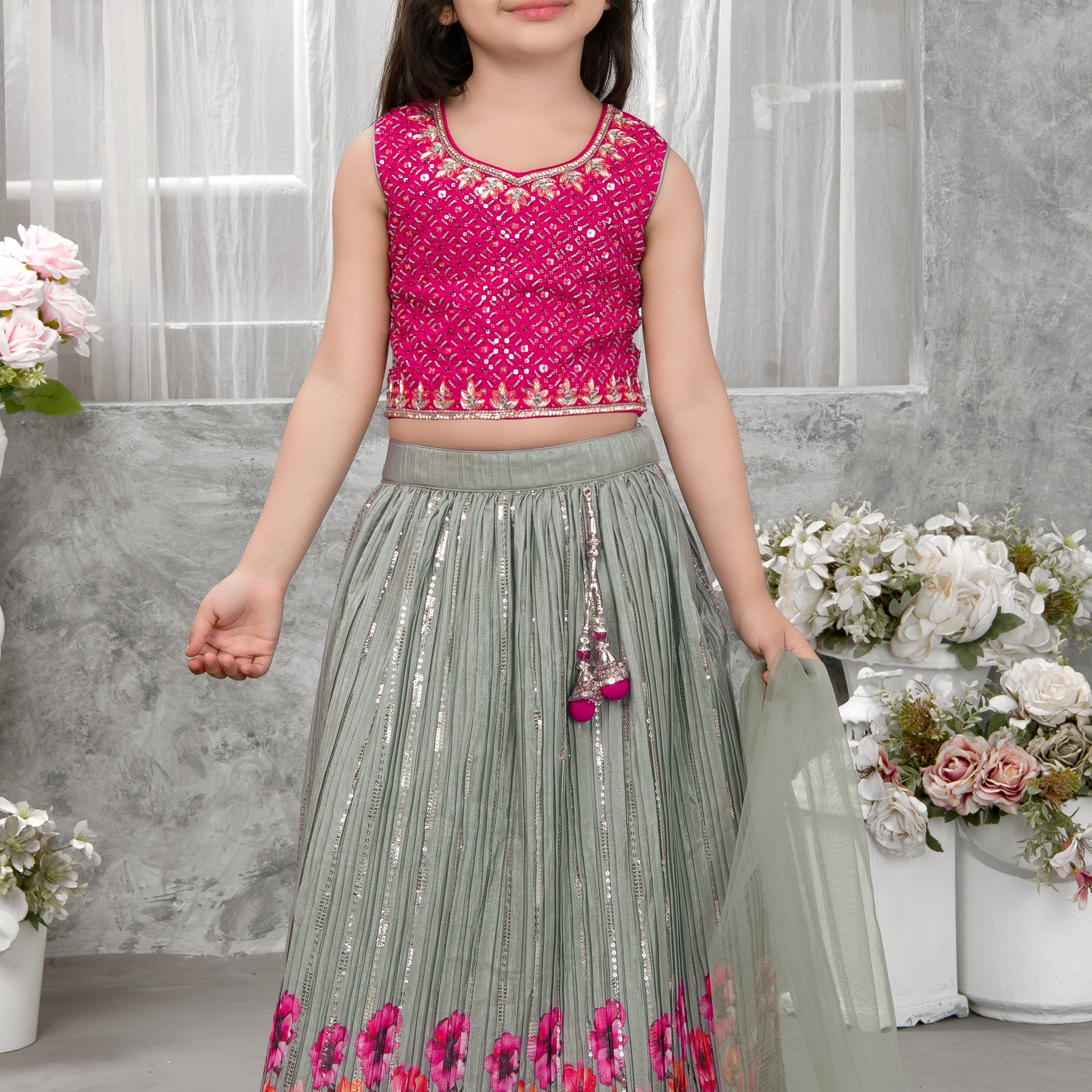 Pink Embroidered Crop Top with Grey Floral Lehenga & Dupatta