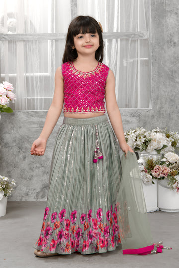 Pink Embroidered Crop Top with Grey Floral Lehenga & Dupatta