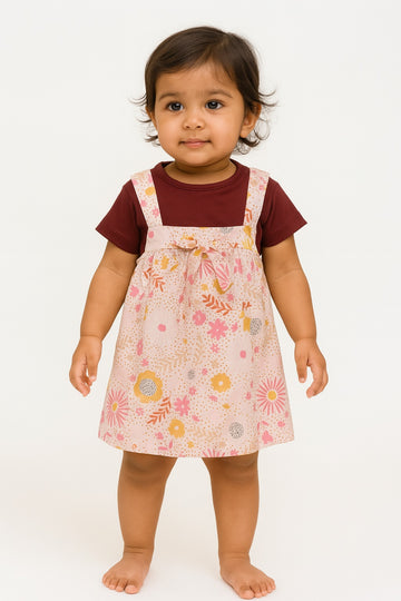 Floral Printed Baby Girl Pinafore Dress Set with Solid Inner Tee – Soft Cotton Blend - Inayah Fashion