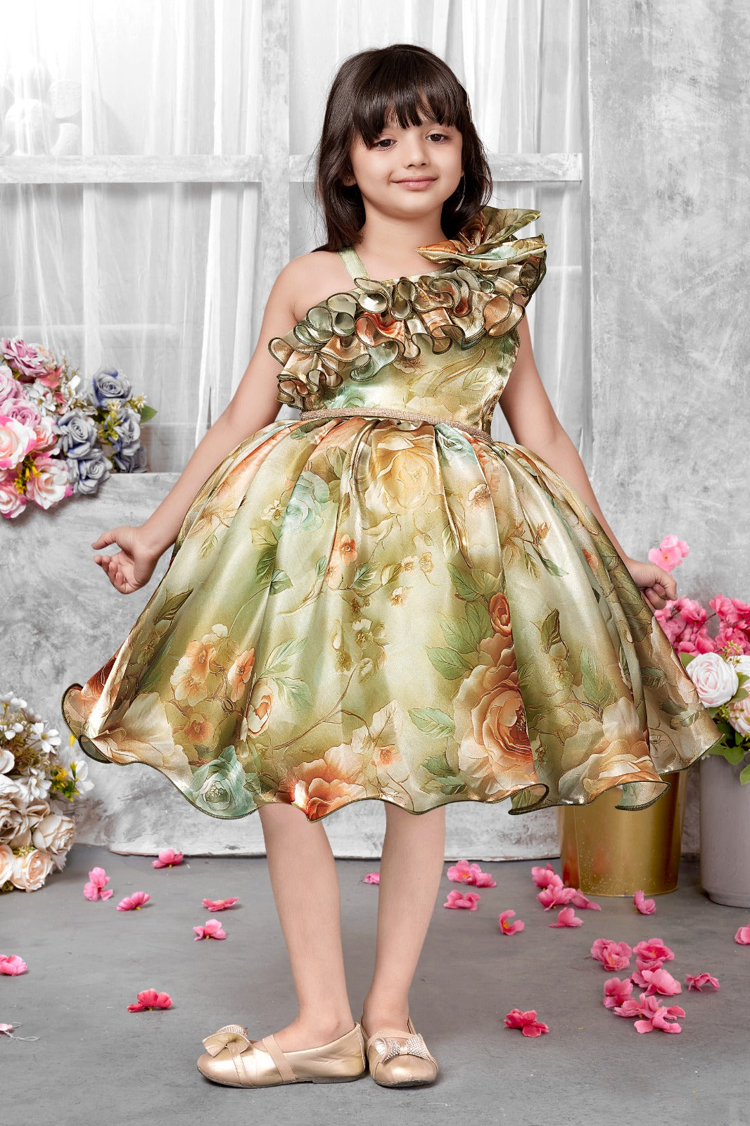 Designer One-Shoulder Frill Satin Dress for Girls | Vintage Floral Golden Green Frock with Layered Ruffle & Sequin Waistband
