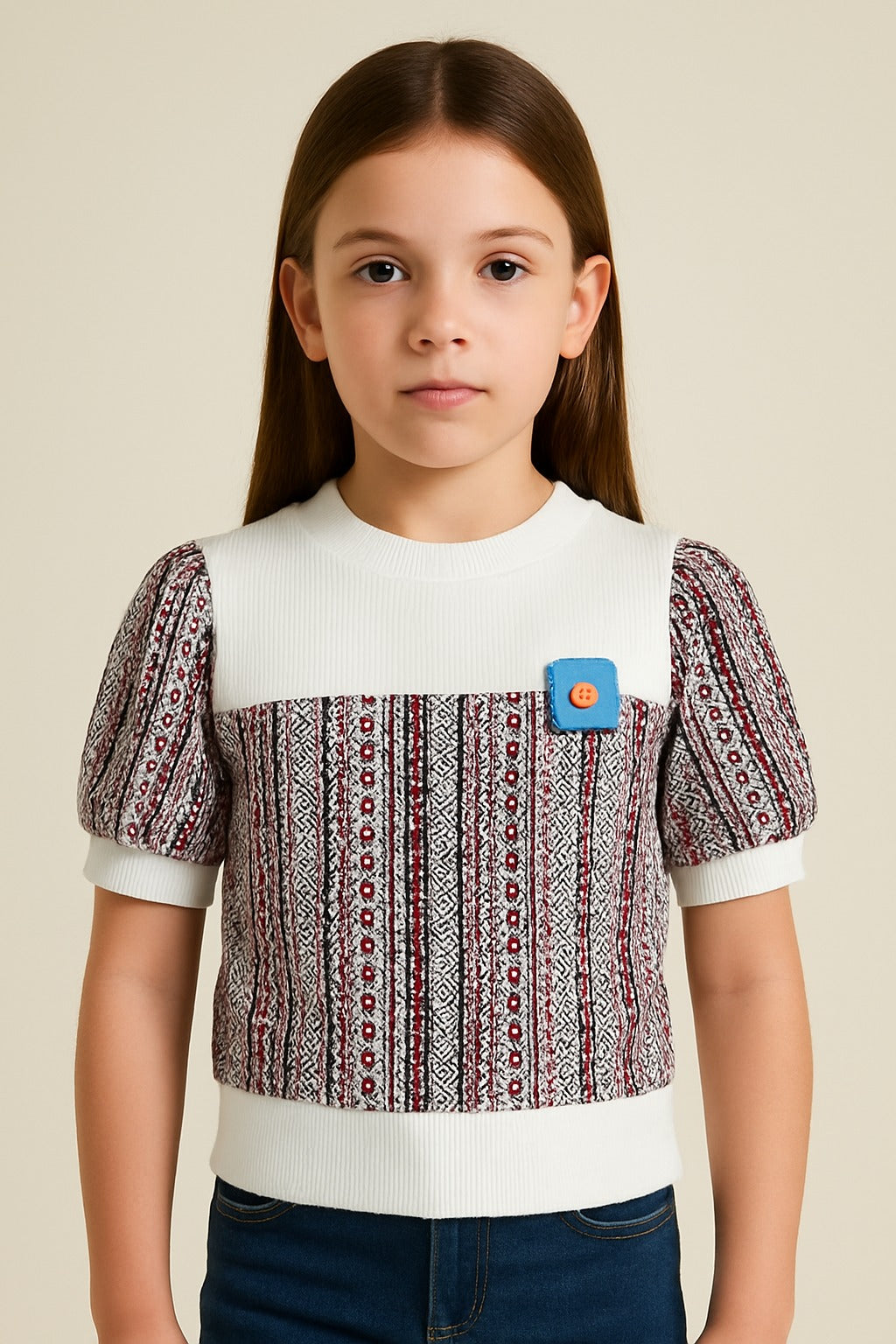 Girls Winter Sweatshirt – White Ribbed Yoke with Multicolor Aztec Print & Puff Sleeves