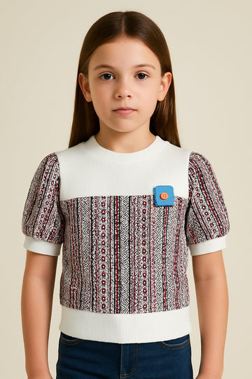 Girls Winter Sweatshirt – White Ribbed Yoke with Multicolor Aztec Print & Puff Sleeves