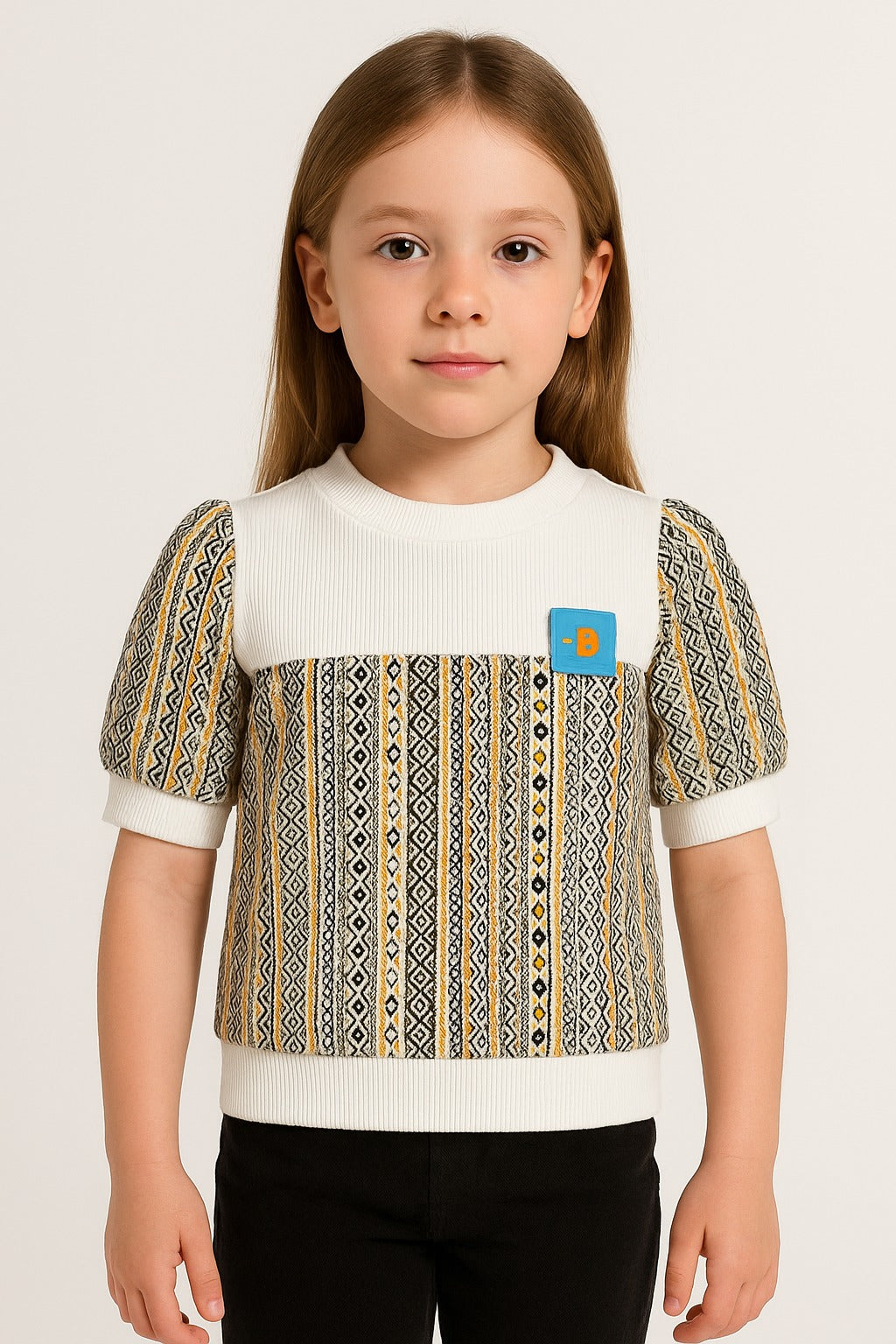 Girls Winter Sweatshirt – White Ribbed Yoke with Yellow & Black Geometric Aztec Print