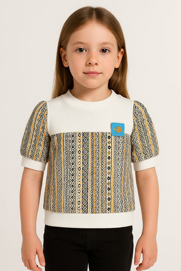 Girls Winter Sweatshirt – White Ribbed Yoke with Yellow & Black Geometric Aztec Print
