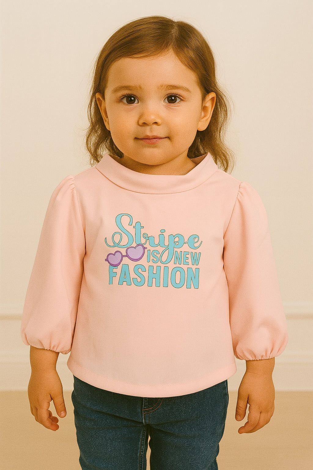 Girls Pink Full Sleeve Top with "Stripe is New Fashion" Print