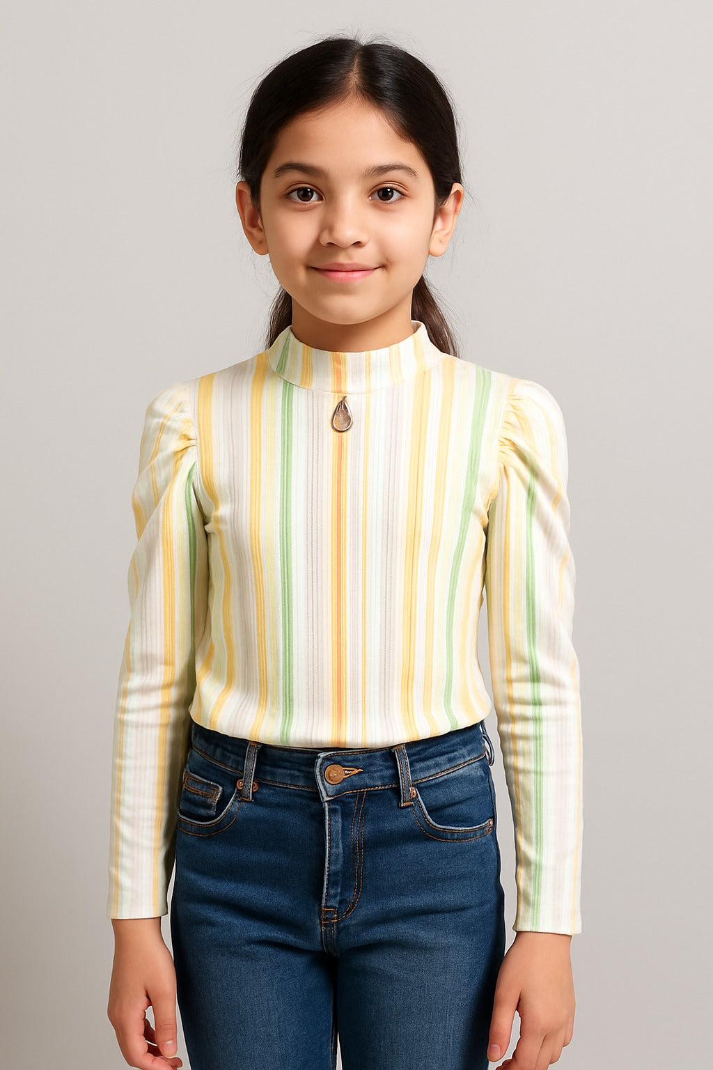 Girls Full Sleeve Yellow-Green Striped Ribbed Top with Keyhole Neck