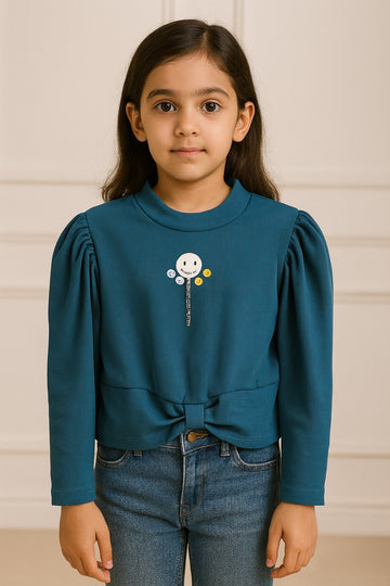 Girls Teal Full Sleeve Ribbed Top with Bow & Smile Badge
