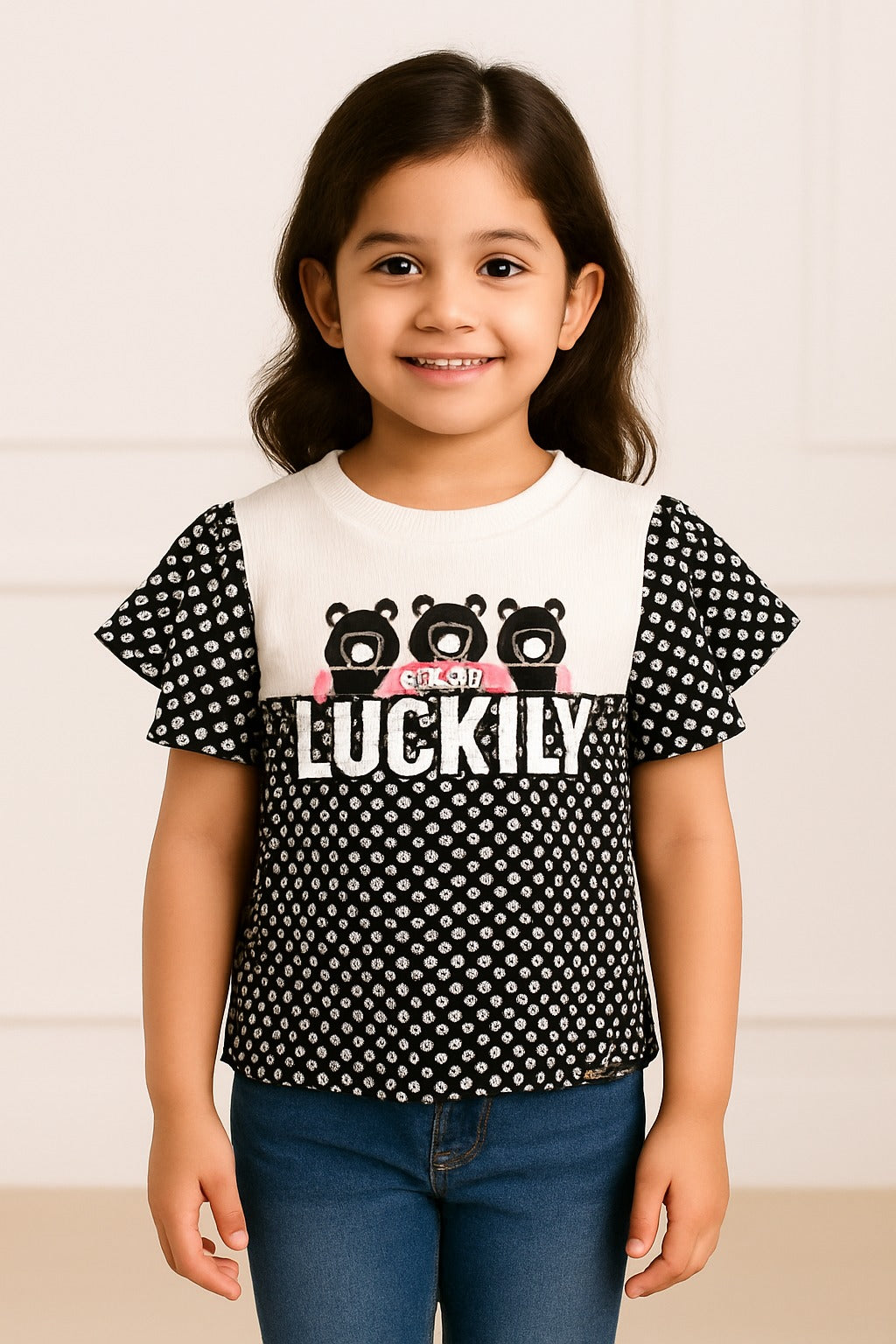 Girls Black & White Polka Dot "Luckily" Bear Print Flutter Sleeve Top