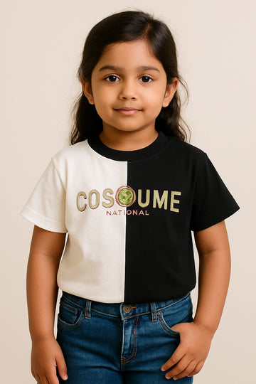 Girls Black & White Half-and-Half "COSOUME National" Casual T-Shirt