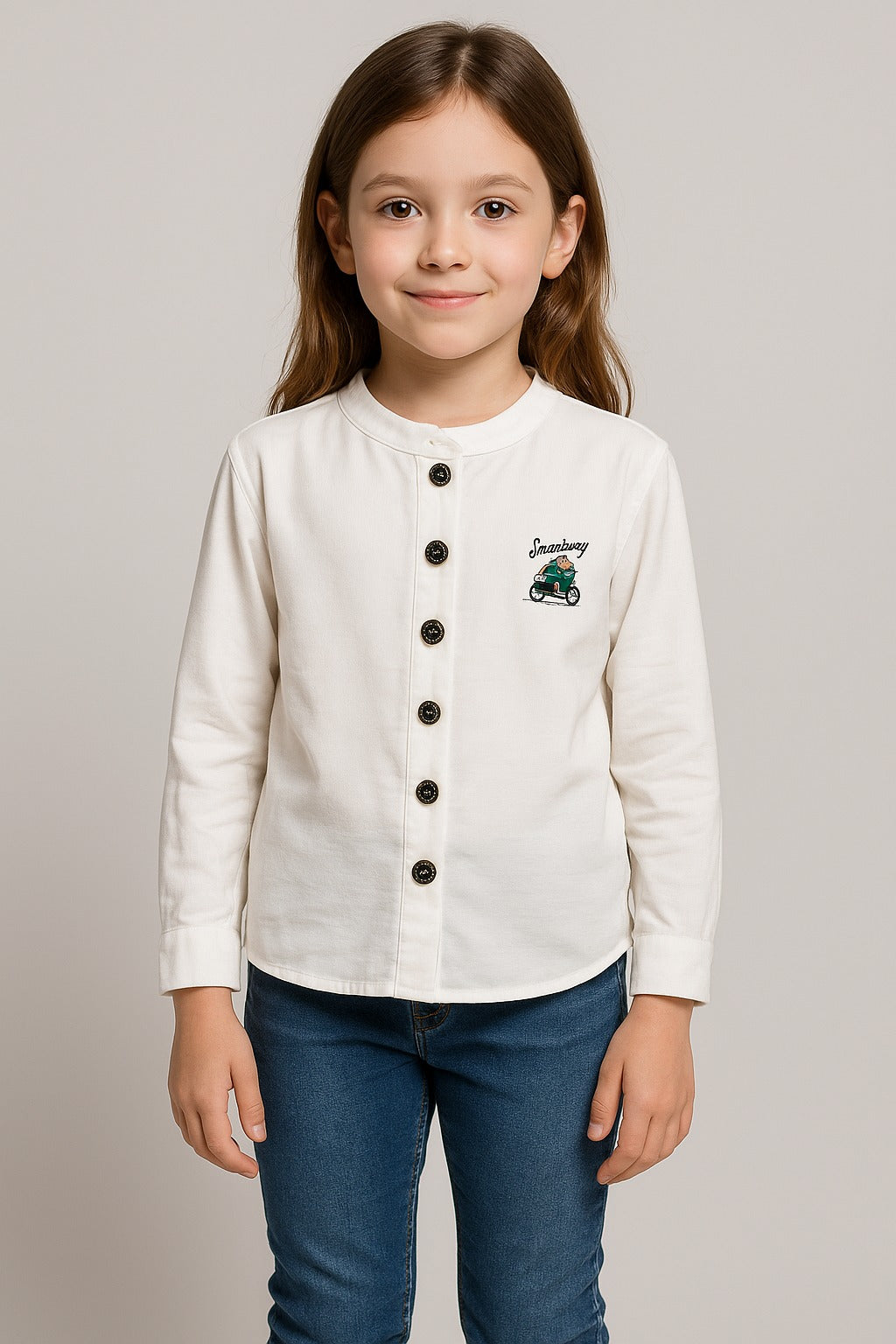 Girls Off-White Full Sleeve Shirt with Front Buttons & Scooter Embroidery