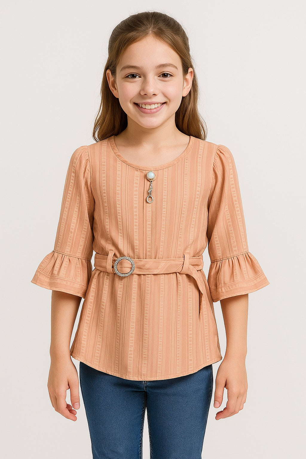 Girls Peach Striped Peplum Top with Belt & Pearl Brooch