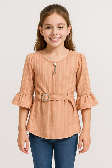 Girls Peach Striped Peplum Top with Belt & Pearl Brooch