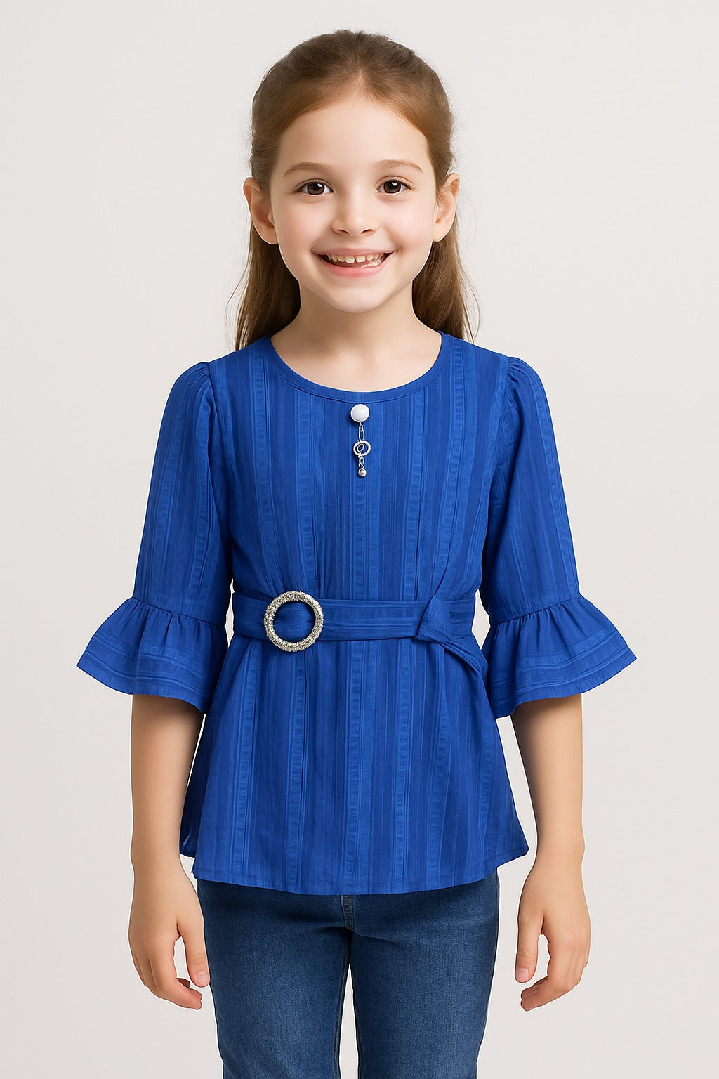 Girls Royal Blue Striped Peplum Top with Belt & Pearl Brooch