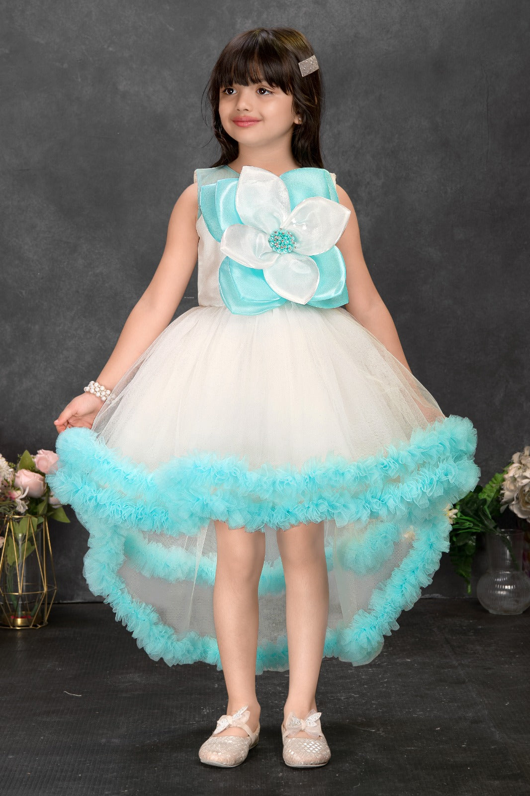 Elegant High-Low Tulle Dress in White & Aqua Blue with Oversized 3D Flower Appliqué – Premium Birthday & Party Gown