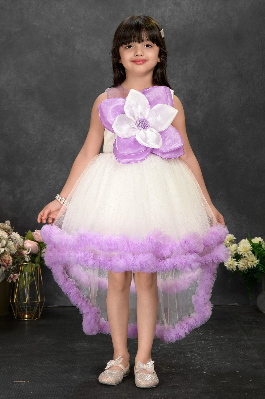 Designer High-Low Tulle Frock in Ivory & Lavender with Floral Applique – Elegant Party Dress