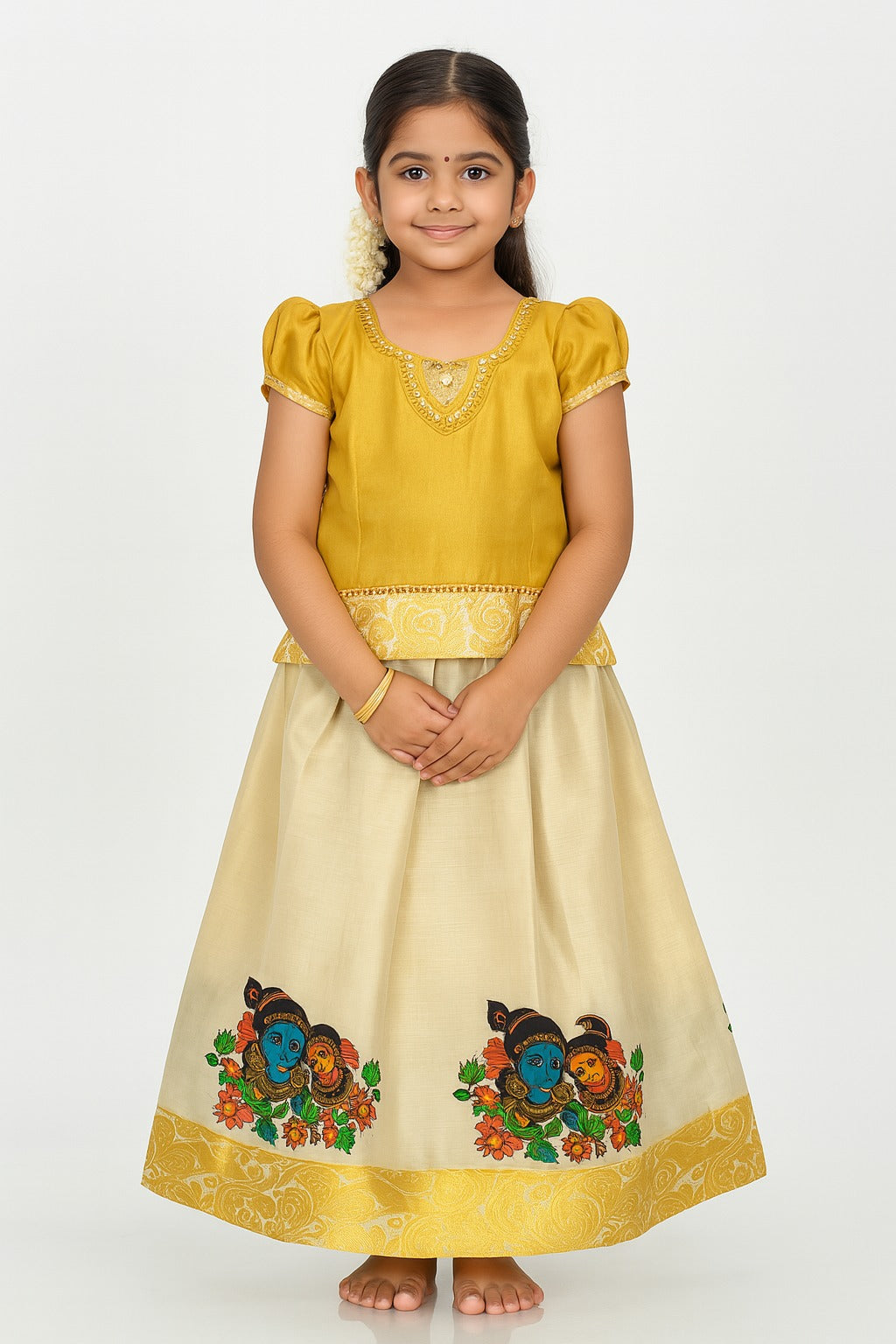 Ethnic Golden Hand-Painted Pattu Pavadai for Girls – Krishna & Radha Artwork Skirt with Embroidered Top – Traditional Festival Wear