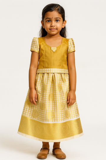 Golden Yellow Checked Pattu Pavadai for Girls – Puff Sleeve Silk Blend Blouse with Floral Motif Skirt & Temple Border