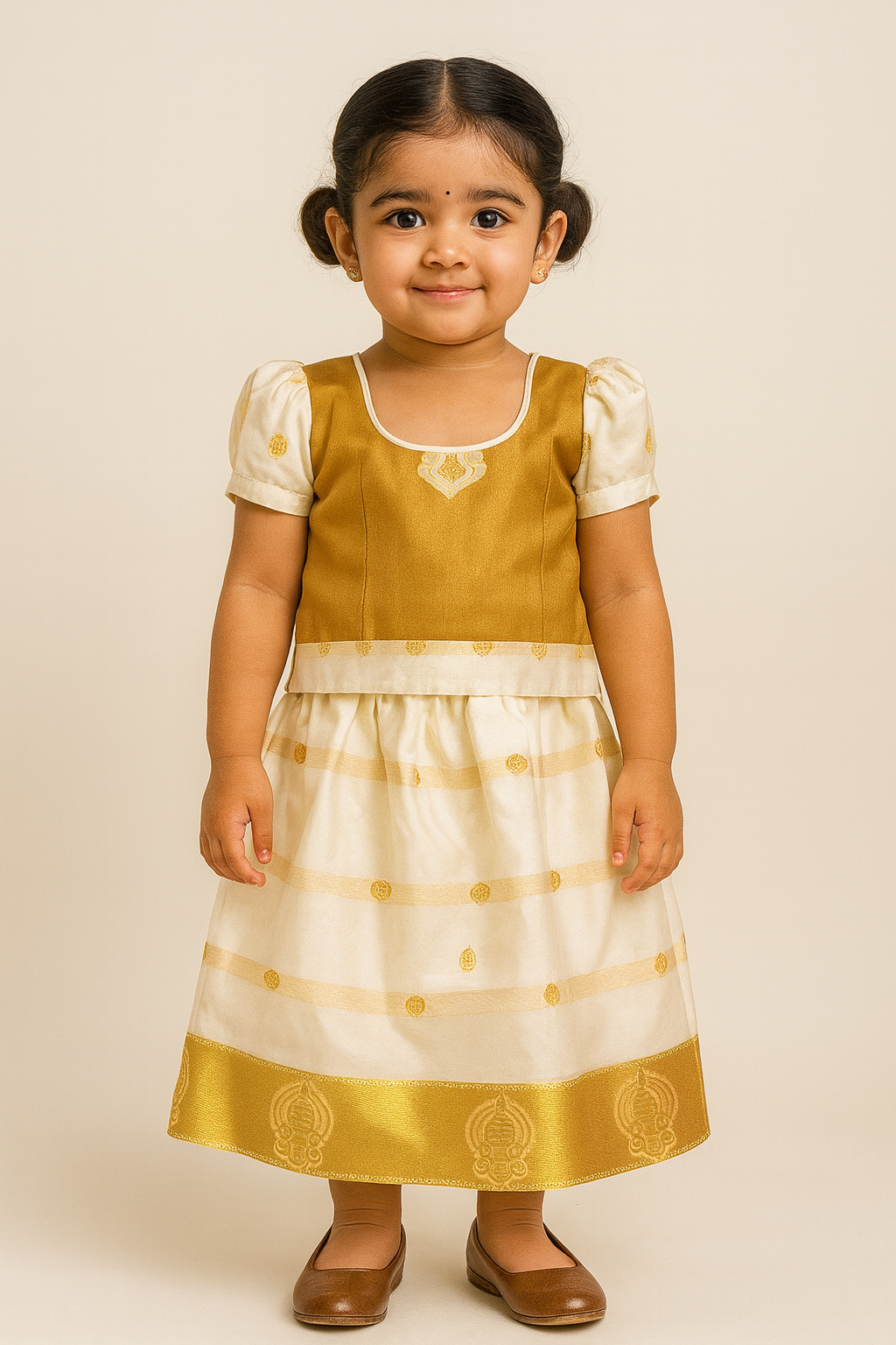 Golden & Cream Kerala Traditional Pattu Pavadai for Baby Girls – Puff Sleeve Blouse with Kasavu Style Skirt and Temple Border