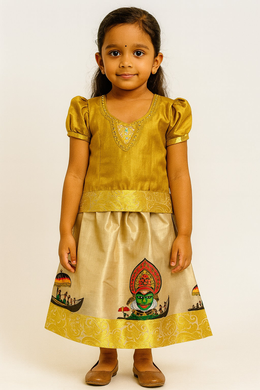 Golden Kerala Pattu Pavadai for Girls – Puff Sleeve Blouse with Traditional Kathakali and Snake Boat Print Skirt