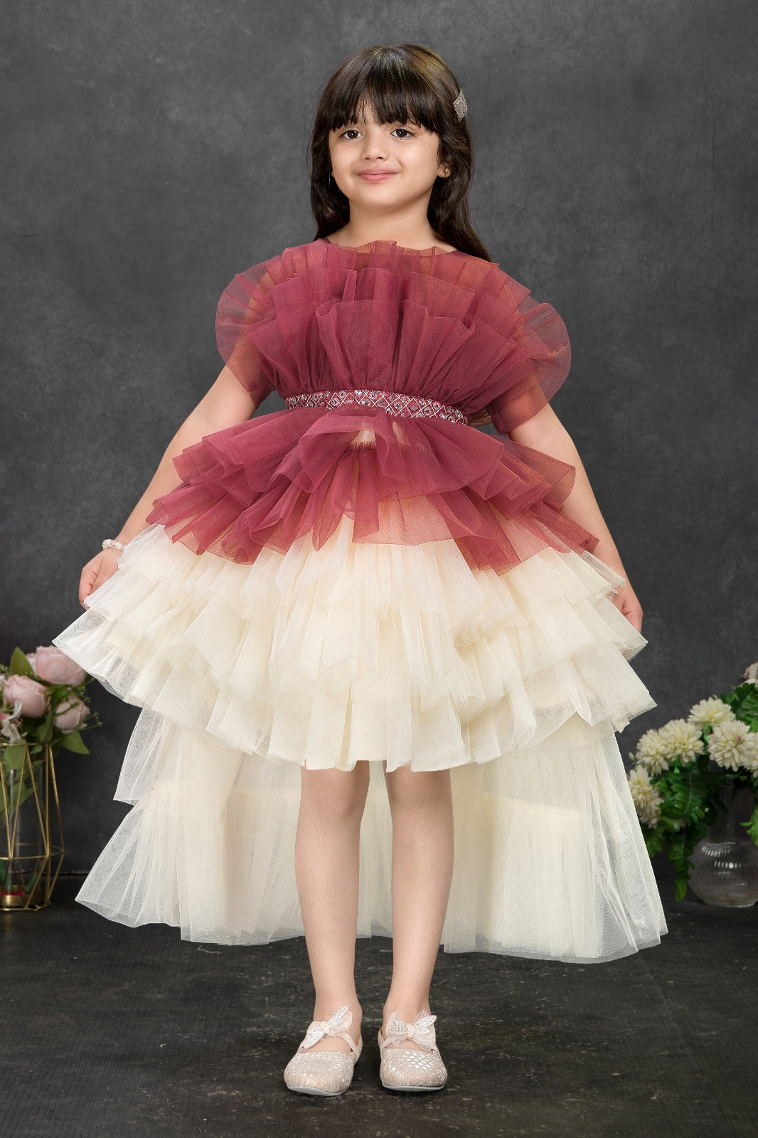 Burgundy & Ivory Layered Ruffle High-Low Party Dress for Girls