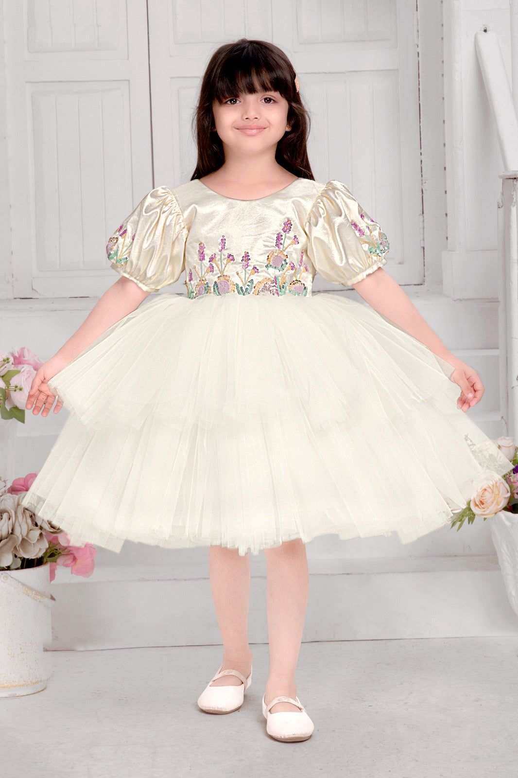 Golden Puff Sleeve Embroidered Ivory Tulle Party Dress for Girls
