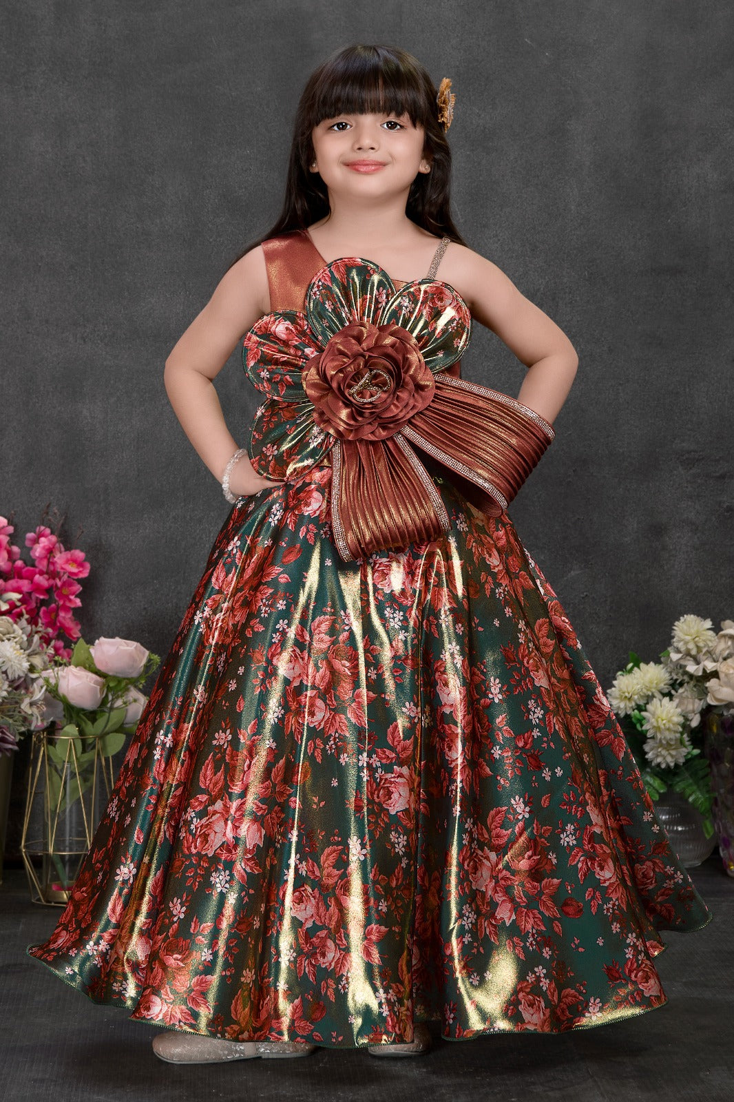 Emerald Floral Metallic Gown with Oversized Bow & Rose Appliqué