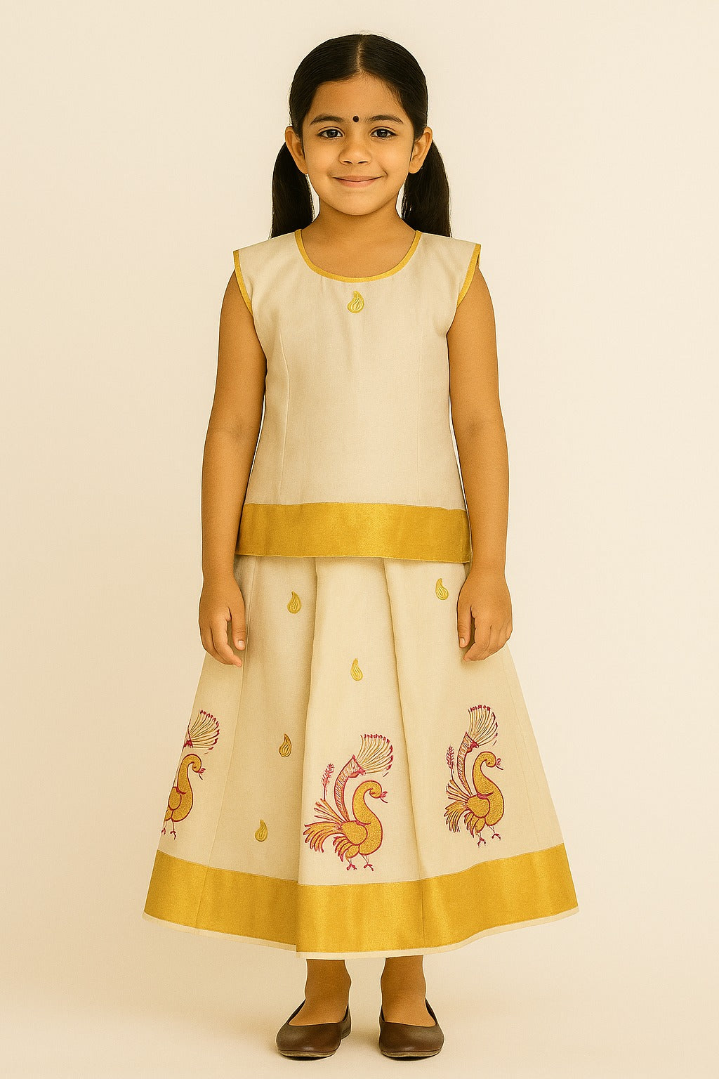 Traditional Off-White Pattu Frock for Girls – Sleeveless Ethnic Dress with Gold Zari Border & Pink Peacock Embroidery