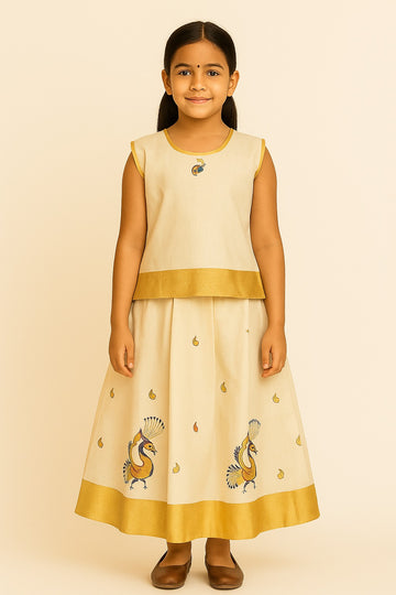 Traditional Off-White Pattu Frock for Girls – Sleeveless Kurti Top with Colorful Motif & Dual Peacock Embroidered Skirt - Inayah Fashion