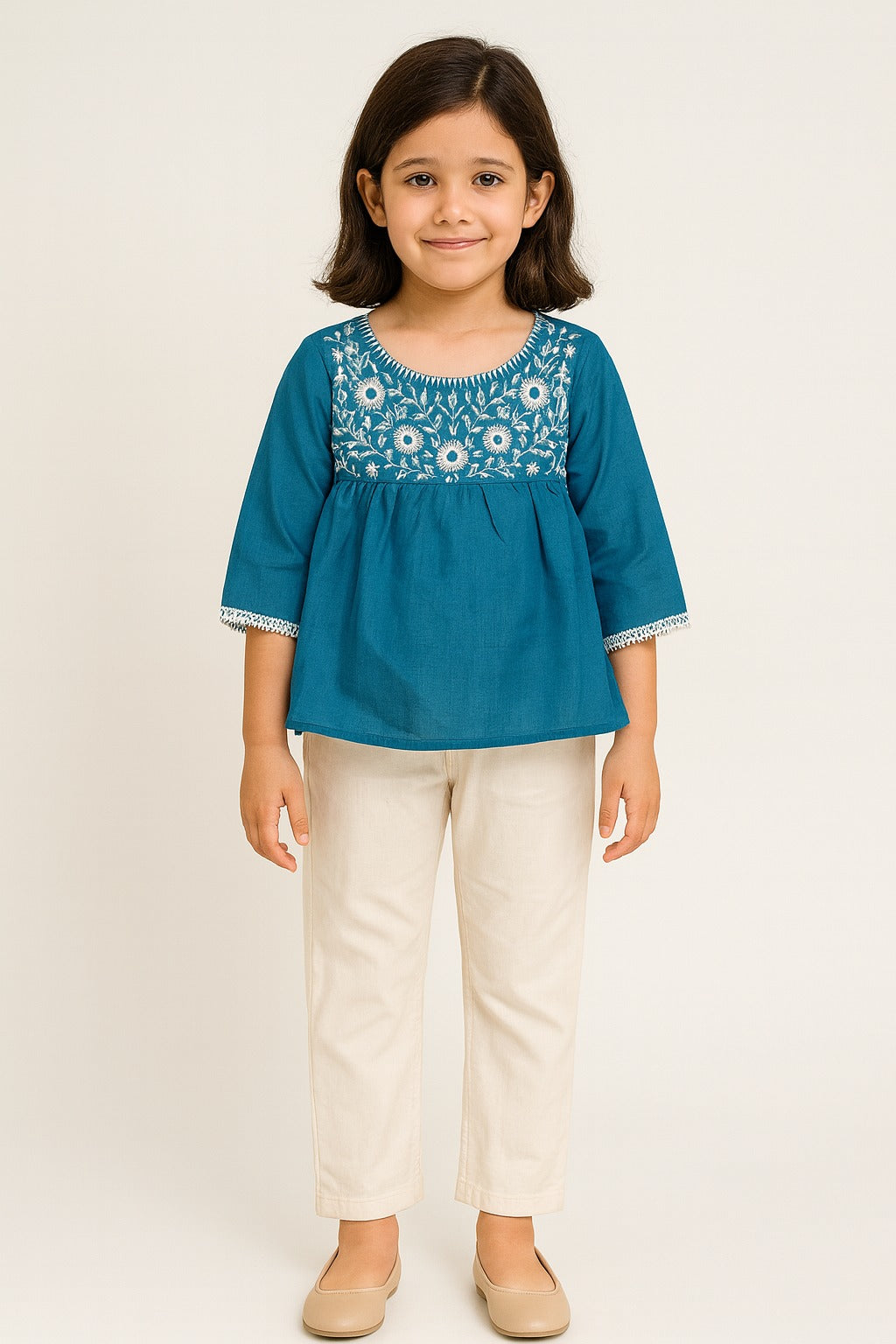 Girls Teal Blue Cotton Embroidered Top with Beige Straight Pants – Elegant Ethnic-Inspired Casual Kurti Pant Set