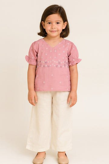 Blush Pink Floral Embroidered V-Neck Top with Cream Palazzo Pants – Breezy Summer Co-Ord Set for Girls