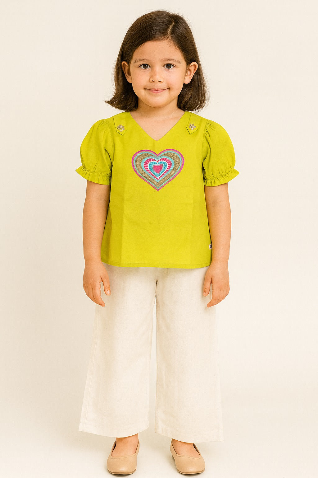 Lime Green Cotton Top with Multicolour Heart Embroidery & Cream Palazzo Pants – Playful & Bright Co-Ord Set for Girls
