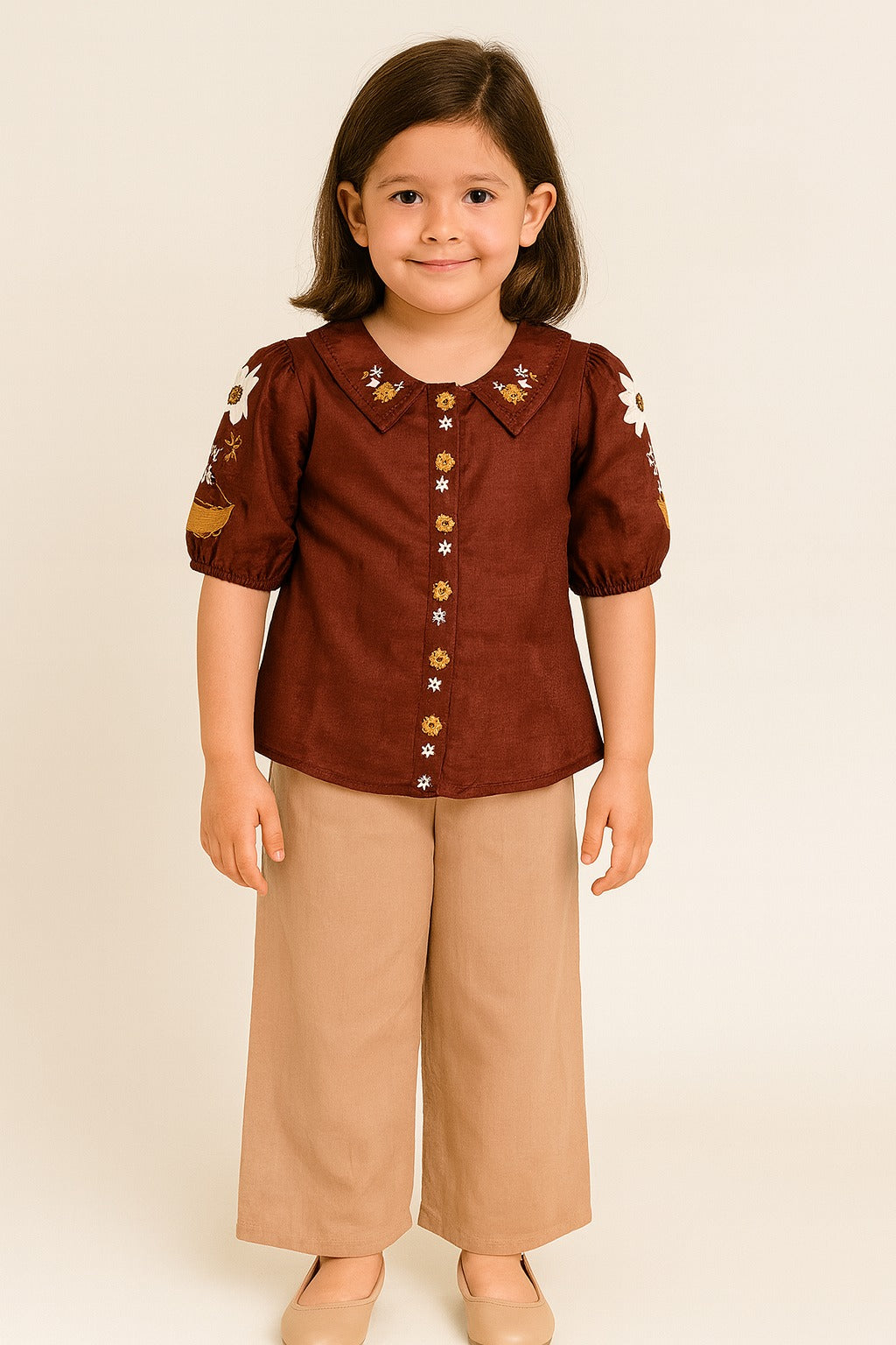 Girls Brown Sunflower Embroidered Cotton Shirt with Tan Palazzo Pants – Stylish Retro-Inspired Co-Ord Set for Everyday Chic