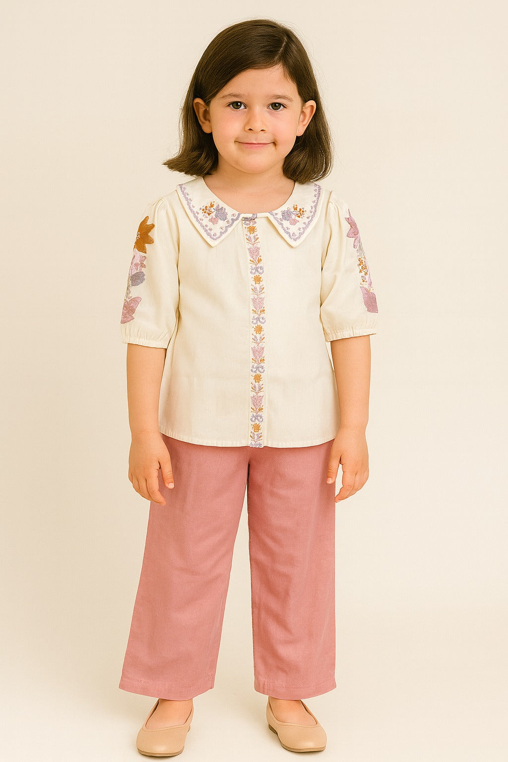 Cream Floral Embroidered Shirt with Peter Pan Collar & Dusty Rose Pink Palazzo Pants – Graceful Garden-Inspired Co-Ord Set for Girls