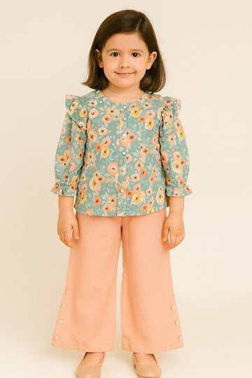 Mint Green All-Over Floral Cotton Shirt with Ruffle Sleeves & Peach Buttoned Palazzo Pants – Spring-Inspired Co-Ord Set for Girls