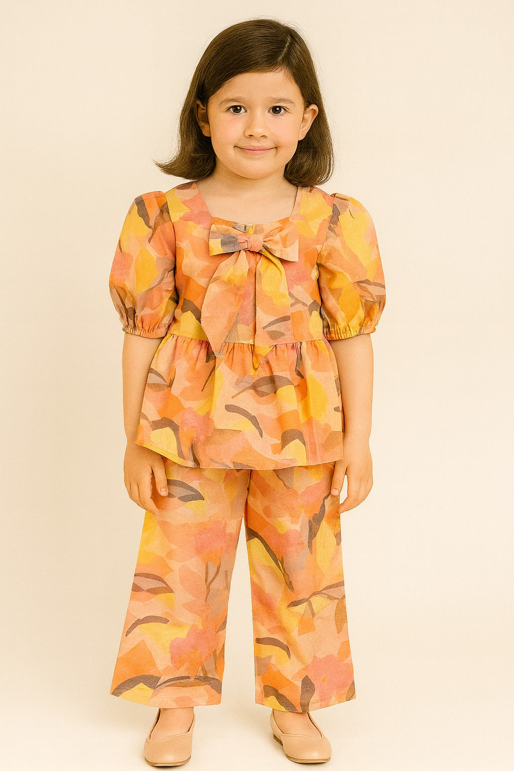 Sunset Orange Abstract Print Peplum Top with Bow & Matching Wide-Leg Pants – Breezy Co-Ord Set for Girls