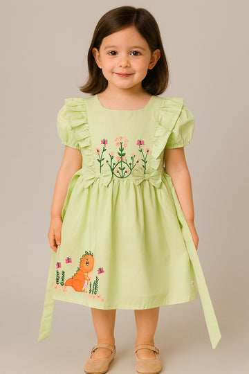 Light Green Embroidered Cartoon & Floral Cotton Dress