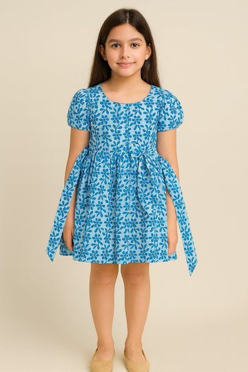 Blue Floral Cotton A-Line Dress with Side Tie – Girls Wear