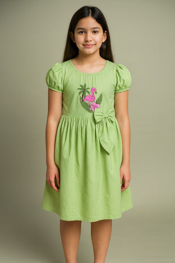 Girls Green Flamingo Embroidered Cotton Dress with Side Bow