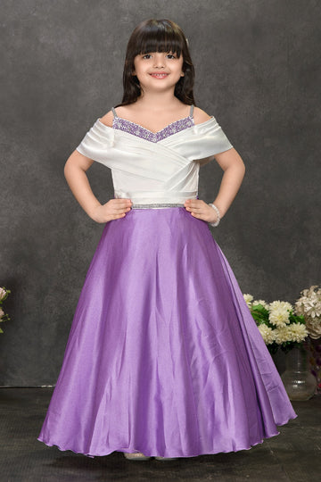 White & Lavender Off-Shoulder Party Wear Gown for Girls | Luxury Kids Dress