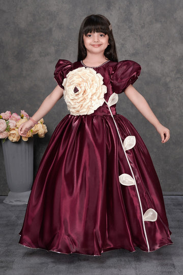 Maroon Satin Party Gown with Oversized Ivory Flower – Girls’ Designer Dress