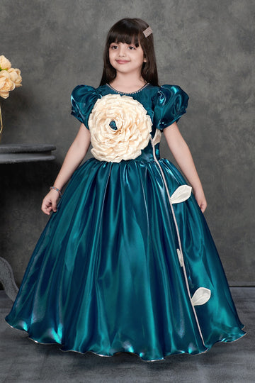 Teal Satin Party Gown with Oversized Ivory Flower – Girls’ Designer Dress