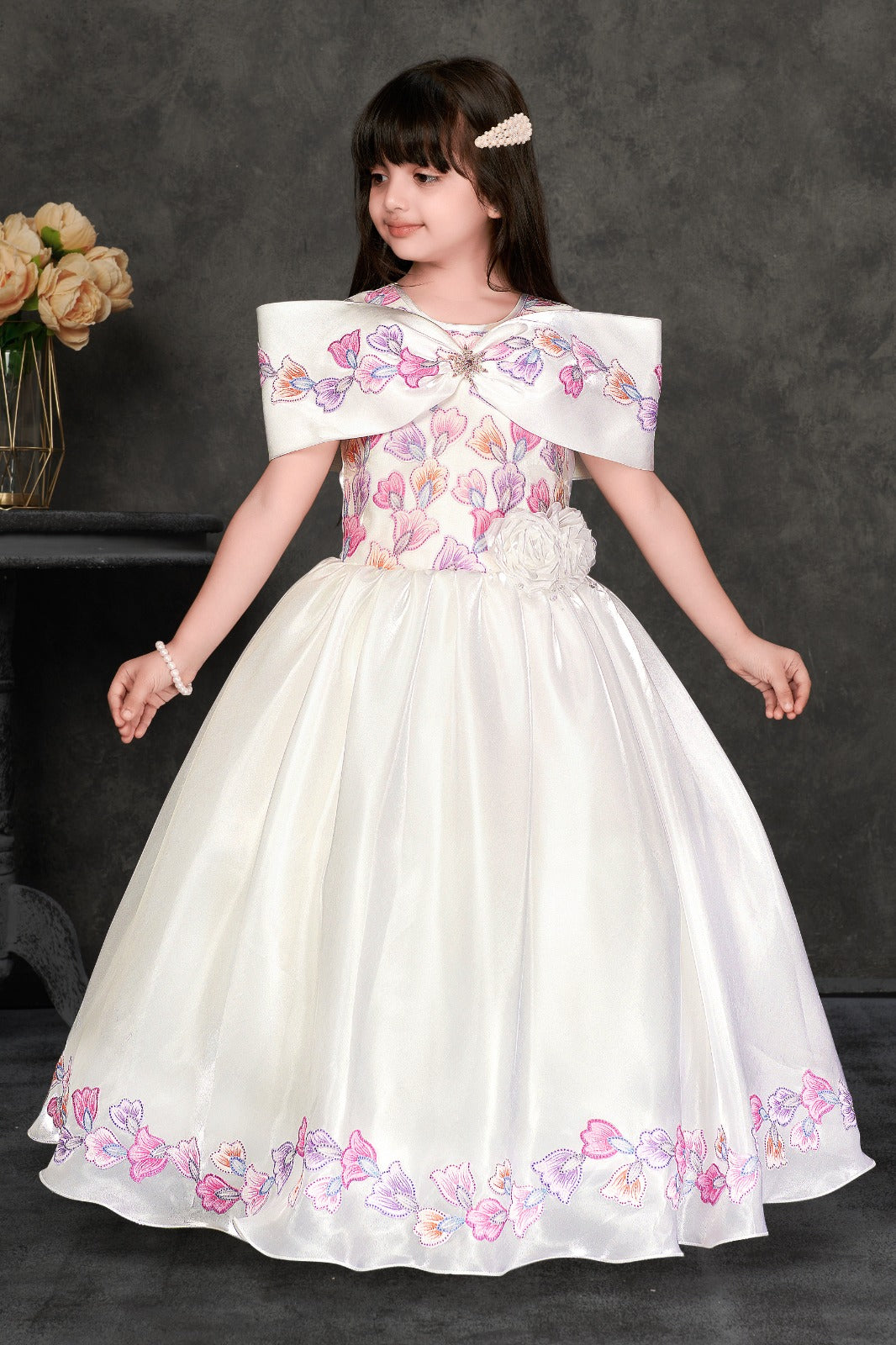 White & Pastel Floral Embroidered Party Gown with Cape – Girls’ Dress