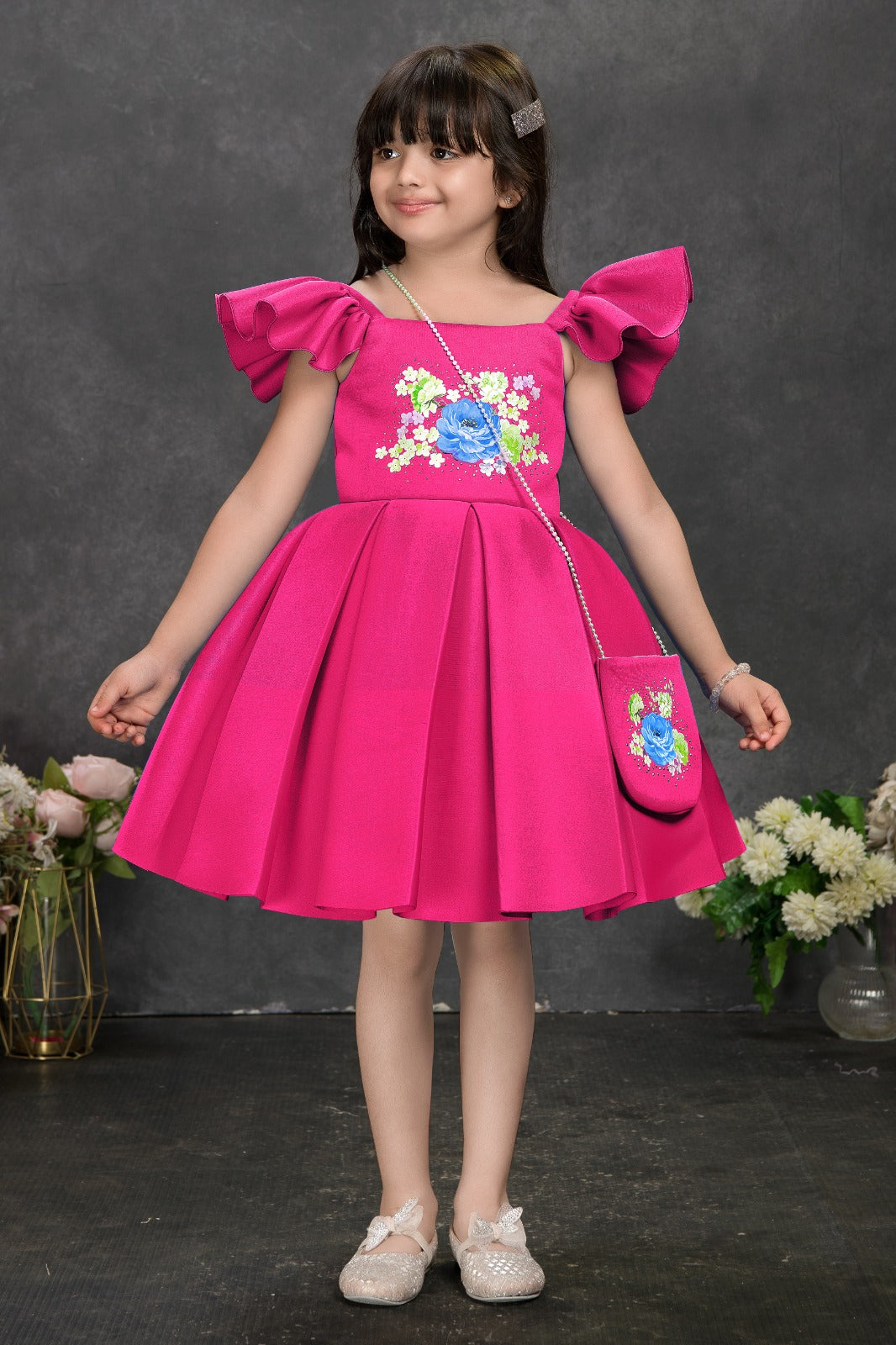 Fuchsia Floral Party Dress with Puff Sleeves & Matching Purse - Inayah Fashion