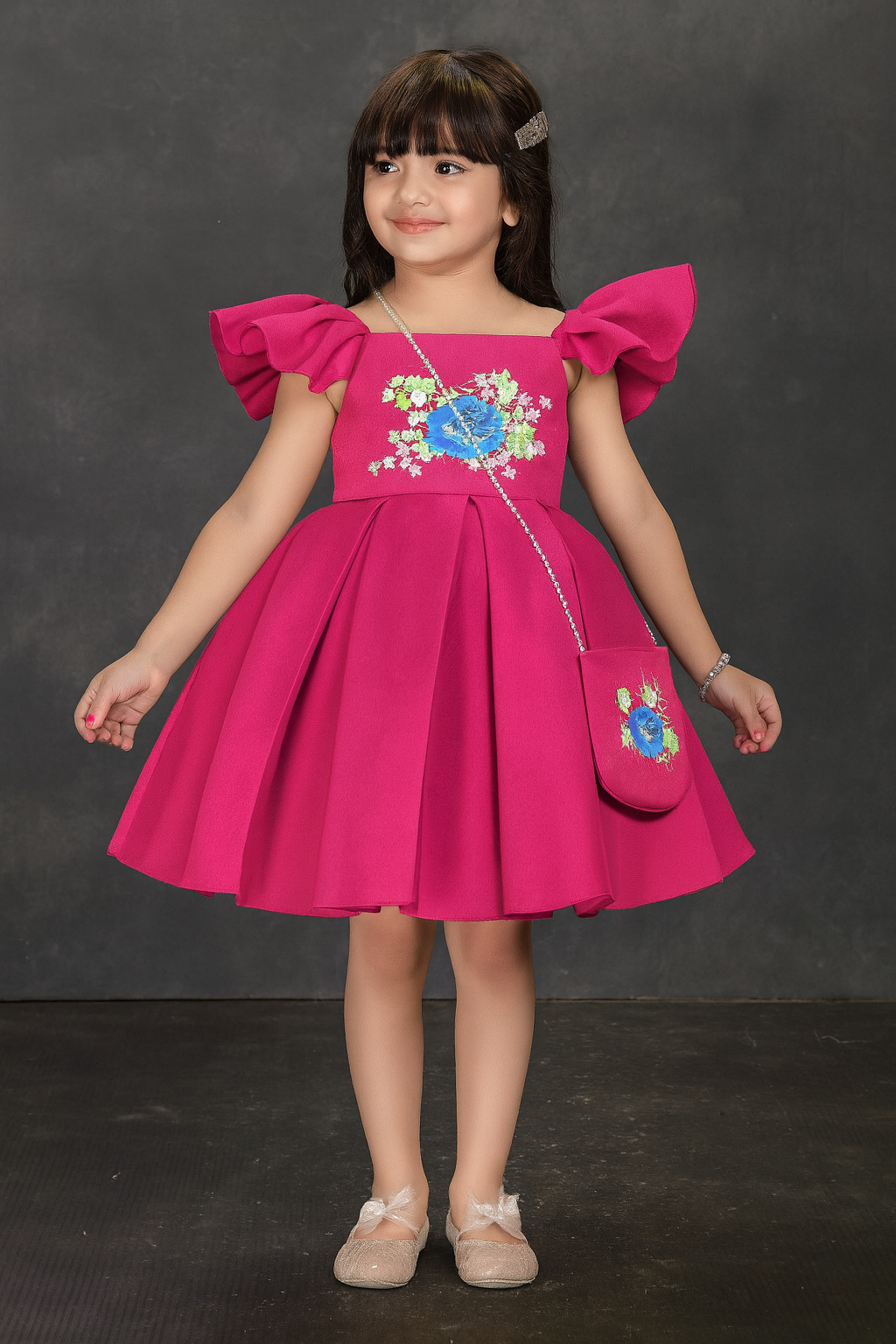 Fuchsia Floral Party Dress with Puff Sleeves & Matching Purse