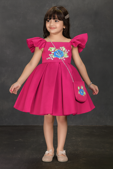 Fuchsia Floral Party Dress with Puff Sleeves & Matching Purse