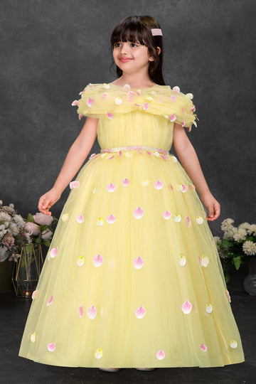 Yellow Net Party Gown with Pink Petal Embellishments – Girls’ Designer Dress
