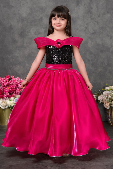 Premium Hot Pink & Black Sequin Party Gown – Girls’ Designer Dress